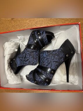 Guess Navy Lace Peep-Toe Booties with Black Patent Trim
